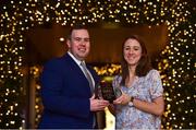 28 November 2018; Amy Ring of Foxrock-Cabinteely with The Croke Park Hotel and LGFA Player of the Month award for October presented by Croke Park Hotel Deputy General Manager Sean Reid at The Croke Park Hotel on Jones Road in Dublin. Forward star and club captain Amy was superb for the Dublin senior champions as they claimed a fourth successive county title, before carrying her excellent form into Fox-Cab’s Leinster championship matches against Shelmalier (Wexford) and Simonstown Gaels (Meath) in October. Fox-Cab have since progressed to the All-Ireland Senior Club Final, and will meet Mourneabbey (Cork) at Parnell Park on Saturday, December 8. Photo by Matt Browne/Sportsfile