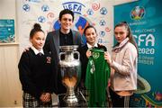 28 November 2018; Former Republic of Ireland midfielder Keith Andrews, Jessica Ziu of Republic of Ireland and Shelbourne, and Lord Mayor of Dublin Nial Ring brought the the iconic Henri Delaunay trophy to visit CBS Westland Row, to mark Dublin’s hosting of the UEFA EURO 2020 Qualifying Group Draw at the Convention Centre on Sunday, December 2nd. To celebrate the Qualifying Draw, Dublin City Council and the FAI will hold three ‘Street Legends’ community football events at Aughrim St Community Hall (Wednesday, November 28th), Mountjoy Square South (Thursday, November 29th) and Commons Street (Saturday, December 1st). The hosting of the Qualifying Draw will also coincide with the launch of the National Football Exhibition at the Printworks, Dublin Castle, which will open to the public on Sunday, December 2nd 2018. The Exhibition will be home to a number of elements with historical significance to Irish football. Four tournament games will be hosted at Dublin’s Aviva Stadium during UEFA EURO 2020, the largest sporting event to ever be hosted in the country. Pictured with the Henri Delaunay trophy at CBS Westland Row is former Republic of Ireland midfielder Keith Andrews and Jessica Ziu of Republic of Ireland and Shelbourne with students Manare, left, and Eamane Bourradou. Photo by Stephen McCarthy/Sportsfile