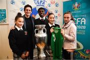 28 November 2018; Former Republic of Ireland midfielder Keith Andrews, Jessica Ziu of Republic of Ireland and Shelbourne, and Lord Mayor of Dublin Nial Ring brought the the iconic Henri Delaunay trophy to visit CBS Westland Row, to mark Dublin’s hosting of the UEFA EURO 2020 Qualifying Group Draw at the Convention Centre on Sunday, December 2nd. To celebrate the Qualifying Draw, Dublin City Council and the FAI will hold three ‘Street Legends’ community football events at Aughrim St Community Hall (Wednesday, November 28th), Mountjoy Square South (Thursday, November 29th) and Commons Street (Saturday, December 1st). The hosting of the Qualifying Draw will also coincide with the launch of the National Football Exhibition at the Printworks, Dublin Castle, which will open to the public on Sunday, December 2nd 2018. The Exhibition will be home to a number of elements with historical significance to Irish football. Four tournament games will be hosted at Dublin’s Aviva Stadium during UEFA EURO 2020, the largest sporting event to ever be hosted in the country. Pictured with the Henri Delaunay trophy at CBS Westland Row is former Republic of Ireland midfielder Keith Andrews and Jessica Ziu of Republic of Ireland and Shelbourne with students Manare, left, and Eamane Bourradou and Maurice Thom. Photo by Stephen McCarthy/Sportsfile