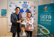 28 November 2018; Former Republic of Ireland midfielder Keith Andrews, Jessica Ziu of Republic of Ireland and Shelbourne, and Lord Mayor of Dublin Nial Ring brought the the iconic Henri Delaunay trophy to visit CBS Westland Row, to mark Dublin’s hosting of the UEFA EURO 2020 Qualifying Group Draw at the Convention Centre on Sunday, December 2nd. To celebrate the Qualifying Draw, Dublin City Council and the FAI will hold three ‘Street Legends’ community football events at Aughrim St Community Hall (Wednesday, November 28th), Mountjoy Square South (Thursday, November 29th) and Commons Street (Saturday, December 1st). The hosting of the Qualifying Draw will also coincide with the launch of the National Football Exhibition at the Printworks, Dublin Castle, which will open to the public on Sunday, December 2nd 2018. The Exhibition will be home to a number of elements with historical significance to Irish football. Four tournament games will be hosted at Dublin’s Aviva Stadium during UEFA EURO 2020, the largest sporting event to ever be hosted in the country. Pictured with the Henri Delaunay trophy at CBS Westland Row is former Republic of Ireland midfielder Keith Andrews and Jessica Ziu of Republic of Ireland and Shelbourne. Photo by Stephen McCarthy/Sportsfile
