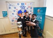 28 November 2018; Former Republic of Ireland midfielder Keith Andrews, Jessica Ziu of Republic of Ireland and Shelbourne, and Lord Mayor of Dublin Nial Ring brought the the iconic Henri Delaunay trophy to visit CBS Westland Row, to mark Dublin’s hosting of the UEFA EURO 2020 Qualifying Group Draw at the Convention Centre on Sunday, December 2nd. To celebrate the Qualifying Draw, Dublin City Council and the FAI will hold three ‘Street Legends’ community football events at Aughrim St Community Hall (Wednesday, November 28th), Mountjoy Square South (Thursday, November 29th) and Commons Street (Saturday, December 1st). The hosting of the Qualifying Draw will also coincide with the launch of the National Football Exhibition at the Printworks, Dublin Castle, which will open to the public on Sunday, December 2nd 2018. The Exhibition will be home to a number of elements with historical significance to Irish football. Four tournament games will be hosted at Dublin’s Aviva Stadium during UEFA EURO 2020, the largest sporting event to ever be hosted in the country. Pictured is CBS Westland Row pupil Maurice Thom and fellow students with the Henri Delaunay trophy. Photo by Stephen McCarthy/Sportsfile
