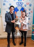 28 November 2018; Former Republic of Ireland midfielder Keith Andrews, Jessica Ziu of Republic of Ireland and Shelbourne, and Lord Mayor of Dublin Nial Ring brought the the iconic Henri Delaunay trophy to visit CBS Westland Row, to mark Dublin’s hosting of the UEFA EURO 2020 Qualifying Group Draw at the Convention Centre on Sunday, December 2nd. To celebrate the Qualifying Draw, Dublin City Council and the FAI will hold three ‘Street Legends’ community football events at Aughrim St Community Hall (Wednesday, November 28th), Mountjoy Square South (Thursday, November 29th) and Commons Street (Saturday, December 1st). The hosting of the Qualifying Draw will also coincide with the launch of the National Football Exhibition at the Printworks, Dublin Castle, which will open to the public on Sunday, December 2nd 2018. The Exhibition will be home to a number of elements with historical significance to Irish football. Four tournament games will be hosted at Dublin’s Aviva Stadium during UEFA EURO 2020, the largest sporting event to ever be hosted in the country. Pictured with the Henri Delaunay trophy at CBS Westland Row is former Republic of Ireland midfielder Keith Andrews and Jessica Ziu of Republic of Ireland and Shelbourne. Photo by Stephen McCarthy/Sportsfile