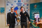 28 November 2018; Former Republic of Ireland midfielder Keith Andrews, Jessica Ziu of Republic of Ireland and Shelbourne, and Lord Mayor of Dublin Nial Ring brought the the iconic Henri Delaunay trophy to visit CBS Westland Row, to mark Dublin’s hosting of the UEFA EURO 2020 Qualifying Group Draw at the Convention Centre on Sunday, December 2nd. To celebrate the Qualifying Draw, Dublin City Council and the FAI will hold three ‘Street Legends’ community football events at Aughrim St Community Hall (Wednesday, November 28th), Mountjoy Square South (Thursday, November 29th) and Commons Street (Saturday, December 1st). The hosting of the Qualifying Draw will also coincide with the launch of the National Football Exhibition at the Printworks, Dublin Castle, which will open to the public on Sunday, December 2nd 2018. The Exhibition will be home to a number of elements with historical significance to Irish football. Four tournament games will be hosted at Dublin’s Aviva Stadium during UEFA EURO 2020, the largest sporting event to ever be hosted in the country. Pictured are CBS Westland Row students and brothers Jaime and Juan De Vivero with the Henri Delaunay trophy. Photo by Stephen McCarthy/Sportsfile