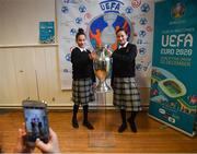 28 November 2018; Former Republic of Ireland midfielder Keith Andrews, Jessica Ziu of Republic of Ireland and Shelbourne, and Lord Mayor of Dublin Nial Ring brought the the iconic Henri Delaunay trophy to visit CBS Westland Row, to mark Dublin’s hosting of the UEFA EURO 2020 Qualifying Group Draw at the Convention Centre on Sunday, December 2nd. To celebrate the Qualifying Draw, Dublin City Council and the FAI will hold three ‘Street Legends’ community football events at Aughrim St Community Hall (Wednesday, November 28th), Mountjoy Square South (Thursday, November 29th) and Commons Street (Saturday, December 1st). The hosting of the Qualifying Draw will also coincide with the launch of the National Football Exhibition at the Printworks, Dublin Castle, which will open to the public on Sunday, December 2nd 2018. The Exhibition will be home to a number of elements with historical significance to Irish football. Four tournament games will be hosted at Dublin’s Aviva Stadium during UEFA EURO 2020, the largest sporting event to ever be hosted in the country. Pictured with the Henri Delaunay trophy are CBS Westland Row students Manare, left, and Eamane Bourradou. Photo by Stephen McCarthy/Sportsfile