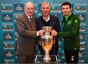 28 November 2018; Lord Mayor of Dublin Nial Ring, left, FAI Chief Executive John Delaney and Minister of State Brendan Griffin at the first ‘Street Legends’ community football event in Aughrim Street Community Hall, Dublin. To celebrate Dublin’s hosting of the UEFA EURO 2020 Qualifying Group Draw, Dublin City Council and the FAI will hold two further ‘Street Legends’ community football events at Mountjoy Square South (Thursday, November 29th) and Commons Street (Saturday, December 1st).The hosting of the Qualifying Draw will also coincide with the launch of the National Football Exhibition at the Printworks, Dublin Castle, which will open to the public on Sunday, December 2nd 2018. The Exhibition will be home to a number of elements with historical significance to Irish football. Four tournament games will be hosted at Dublin’s Aviva Stadium during UEFA EURO 2020, the largest sporting event to ever be hosted in the country. Photo by Stephen McCarthy/Sportsfile