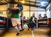 28 November 2018; Republic of Ireland international Isibeal Atkinson takes on Emma Mushtaq, age 7, from Sandyford, at the first ‘Street Legends’ community football event in Aughrim Street Community Hall, Dublin. Also in attendance were Lord Mayor of Dublin Nial Ring, Minister of State Brendan Griffin and FAI Chief Executive John Delaney, ex-Republic of Ireland footballer Stephen Kelly and Republic of Ireland women’s national team footballer Isibeal Atkinson. To celebrate Dublin’s hosting of the UEFA EURO 2020 Qualifying Group Draw, Dublin City Council and the FAI will hold two further ‘Street Legends’ community football events at Mountjoy Square South (Thursday, November 29th) and Commons Street (Saturday, December 1st). The hosting of the Qualifying Draw will also coincide with the launch of the National Football Exhibition at the Printworks, Dublin Castle, which will open to the public on Sunday, December 2nd 2018. The Exhibition will be home to a number of elements with historical significance to Irish football. Four tournament games will be hosted at Dublin’s Aviva Stadium during UEFA EURO 2020, the largest sporting event to ever be hosted in the country. Photo by Stephen McCarthy/Sportsfile