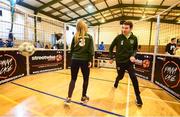 28 November 2018; Minister of State Brendan Griffin takes on Republic of Ireland international Izzy Atkinson during the Street Legends football event at Aughrim Street Community Hall, to mark Dublin’s hosting of the UEFA EURO 2020 Qualifying Group Draw at the Convention Centre on Sunday, December 2nd. To celebrate the Qualifying Draw, Dublin City Council and the FAI will hold three ‘Street Legends’ community football events at Aughrim St Community Hall (Wednesday, November 28th), Mountjoy Square South (Thursday, November 29th) and Commons Street (Saturday, December 1st). The hosting of the Qualifying Draw will also coincide with the launch of the National Football Exhibition at the Printworks, Dublin Castle, which will open to the public on Sunday, December 2nd 2018. The Exhibition will be home to a number of elements with historical significance to Irish football. Four tournament games will be hosted at Dublin’s Aviva Stadium during UEFA EURO 2020, the largest sporting event to ever be hosted in the country. Photo by Stephen McCarthy/Sportsfile