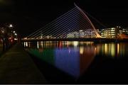 29 November 2018; To celebrate Dublin’s hosting of the UEFA EURO 2020 Qualifying Draw on Sunday December 2nd, the Samuel Beckett Bridge will be lit up with the flags of all 12 host nations. Delegates from all 55 UEFA member nations and over 350 international media representatives will be in attendance at the Convention Centre for the event, with an estimated worldwide TV audience of 140 million.Four UEFA EURO 2020 tournament games will be hosted at Dublin’s Aviva Stadium in June 2020, the largest sporting event to ever be hosted in the country. Photo by Harry Murphy/Sportsfile