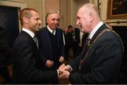 30 November 2018; UEFA President Aleksander Ceferin, left, John Delaney, CEO, Football Association of Ireland, centre, and Lord Mayor of Dublin Nial Ring, in attendance at a EURO88 Republic of Ireland squad reception at the Mansion House in Dublin. Photo by Stephen McCarthy/Sportsfile