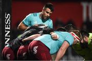 30 November 2018; Conor Murray of Munster prepares to put a ball into a scrum during the warm-up prior to the Guinness PRO14 Round 10 match between Munster and Edinburgh at Irish Independent Park in Cork. Photo by Diarmuid Greene/Sportsfile