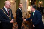 30 November 2018; Lord Mayor of Dublin Nial Ring, left, UEFA President Aleksander Ceferin, centre, and FAI Board Member Donal Conway, Vice-President & Chairman of the Development Committee, in attendance at a EURO88 Republic of Ireland squad reception at the Mansion House in Dublin. Photo by Stephen McCarthy/Sportsfile