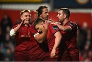 30 November 2018; Andrew Conway of Munster celebrates with team-mates Rory Scannell, Arno Botha, and JJ Hanrahan, after scoring his side's second try during the Guinness PRO14 Round 10 match between Munster and Edinburgh at Irish Independent Park in Cork. Photo by Diarmuid Greene/Sportsfile