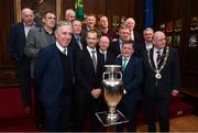 30 November 2018; Members of the EURO88 Republic of Ireland squad with, front row from left, John Delaney, CEO, Football Association of Ireland, UEFA President Aleksander Ceferin, FAI President Donal Conway and Lord Mayor of Dublin Nial Ring, with the Henri Delaunay trophy in attendance at a EURO88 Republic of Ireland squad reception at the Mansion House in Dublin. Photo by Stephen McCarthy/Sportsfile