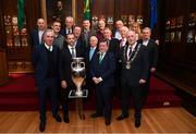 30 November 2018; Members of the EURO88 Republic of Ireland squad with, front row from left, John Delaney, CEO, Football Association of Ireland, UEFA President Aleksander Ceferin, FAI President Donal Conway and Lord Mayor of Dublin Nial Ring with the Henri Delaunay trophy in attendance at a EURO88 Republic of Ireland squad reception at the Mansion House in Dublin. Photo by Stephen McCarthy/Sportsfile