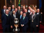 30 November 2018; Members of the EURO88 Republic of Ireland squad with, front row from left, John Delaney, CEO, Football Association of Ireland, UEFA President Aleksander Ceferin, FAI President Donal Conway and Lord Mayor of Dublin Nial Ring, with the Henri Delaunay trophy in attendance at a EURO88 Republic of Ireland squad reception at the Mansion House in Dublin. Photo by Stephen McCarthy/Sportsfile