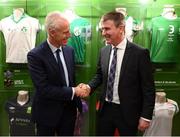 30 November 2018; To celebrate Dublin’s hosting of the UEFA EURO 2020 Qualifying Draw on 2nd December 2018, Irish Football Legends Ronnie Whelan, Ray Houghton, Kevin Sheedy, Tony Galvin, Liam O’Brien, Tony Cascarino and John Anderson teamed up with Dublin City Council and the Football Association of Ireland to launch the National Football Exhibition giving people the chance to experience some of the excitement. Open to the public on Sunday, December 2nd, at the Printworks, Dublin Castle, until the 9th December, the Exhibition celebrates 60 years of UEFA European Championship and Irish football. Six separate zones, packed with memorabilia and interactive features will give attendees an overview of the history of football in Ireland and its impact on communities around the country. Throughout 2019 and 2020, the National Football Exhibition will tour around various locations* nationwide. The National Football Exhibition App is available to download now from the App Store and Google Play Store. The draw for the UEFA EURO 2020 qualifying groups this Sunday, 2nd December, will be attended by delegates from all 55 UEFA member nations and over 350 international media representatives with an estimated TV audience worldwide of 140 million. 4 tournament games will be hosted at Dublin’s Aviva Stadium during UEFA EURO 2020, the largest sporting event to ever be hosted in the country. Pictured is Republic of Ireland manager Mick McCarthy, left, and Republic of Ireland U21 manager Stephen Kenny at the Printworks, Dublin Castle, Dublin. Photo by Stephen McCarthy/Sportsfile