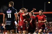 30 November Keith Earls of Munster is congratulated by team-mates Conor Murray, Mike Haley, and Andrew Conway after scoring his second try of the game during the Guinness PRO14 Round 10 match between Munster and Edinburgh at Irish Independent Park in Cork. Photo by Diarmuid Greene/Sportsfile