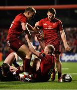 30 November Keith Earls of Munster is congratulated by team-mates Mike Haley, and Andrew Conway after scoring his second try of the game during the Guinness PRO14 Round 10 match between Munster and Edinburgh at Irish Independent Park in Cork. Photo by Diarmuid Greene/Sportsfile
