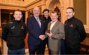 30 November 2018; Uachtarán Chumann Lúthchleas Gael John Horan makes a presentation to William Ivers, Philadelphia City Council - Technical Staff, who has his roots in Crossmolina, Co Mayo, with Mayo players, from left, Colm Boyle, David Clarke and Andy Moran, right, during a visit by the PwC All Stars to the Philadelphia City Hall during the PwC All Stars tour of Philadelphia, PA in the USA. Photo by Ray McManus/Sportsfile