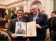30 November 2018; Uachtarán Chumann Lúthchleas Gael John Horan has a presentation made to by Bobby Henon, left, 6th District Councilman during a visit by the PwC All Stars to the Philadelphia City Hall during the PwC All Stars tour of Philadelphia, PA in the USA. Photo by Ray McManus/Sportsfile