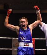30 November 2018; Lois Walsh of Castlebar, Mayo, celebrates after defeating Emma O’Neill of St Nicholas, Tipperary, after their 54kg final bout during the IABA National Senior Championships at the National Stadium in Dublin. Photo by Harry Murphy/Sportsfile