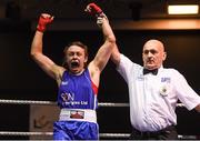 30 November 2018; Lois Walsh of Castlebar, Mayo, celebrates after defeating Emma O’Neill of St Nicholas, Tipperary, after their 54kg final bout during the IABA National Senior Championships at the National Stadium in Dublin. Photo by Harry Murphy/Sportsfile