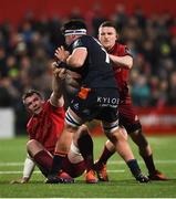 30 November 2018; Peter O'Mahony and Andrew Conway of Munster tussle off the ball with Lewis Wynne of Edinburgh during the Guinness PRO14 Round 10 match between Munster and Edinburgh at Irish Independent Park in Cork. Photo by Diarmuid Greene/Sportsfile