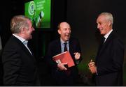 30 November 2018; To celebrate Dublin’s hosting of the UEFA EURO 2020 Qualifying Draw on 2nd December 2018, Irish Football Legends Ronnie Whelan, Ray Houghton, Kevin Sheedy, Tony Galvin, Liam O’Brien, Tony Cascarino and John Anderson teamed up with Dublin City Council and the Football Association of Ireland to launch the National Football Exhibition giving people the chance to experience some of the excitement. Open to the public on Sunday, December 2nd, at the Printworks, Dublin Castle, until the 9th December, the Exhibition celebrates 60 years of UEFA European Championship and Irish football. Six separate zones, packed with memorabilia and interactive features will give attendees an overview of the history of football in Ireland and its impact on communities around the country. Throughout 2019 and 2020, the National Football Exhibition will tour around various locations* nationwide. The National Football Exhibition App is available to download now from the App Store and Google Play Store. The draw for the UEFA EURO 2020 qualifying groups this Sunday, 2nd December, will be attended by delegates from all 55 UEFA member nations and over 350 international media representatives with an estimated TV audience worldwide of 140 million. 4 tournament games will be hosted at Dublin’s Aviva Stadium during UEFA EURO 2020, the largest sporting event to ever be hosted in the country. Pictured are, from left, former Republic of Ireland international Ray Houghton, Minister for Transport, Tourism and Sport, Shane Ross T.D., and Republic of Ireland manager Mick McCarthy at the Printworks, Dublin Castle, Dublin. Photo by Stephen McCarthy/Sportsfile