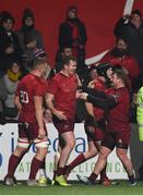 30 November 2018; Chris Farrell of Munster is congratulated by team-mates Gavin Coombes and Chris Cloete after scoring his side's last try of the game during the Guinness PRO14 Round 10 match between Munster and Edinburgh at Irish Independent Park in Cork. Photo by Diarmuid Greene/Sportsfile