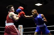 30 November 2018; Christopher Mulligan of Clann Naofa, left, in action against Gabriel Dossen of Olympic during their 75kg final bout during the IABA National Senior Championships at the National Stadium in Dublin. Photo by Harry Murphy/Sportsfile