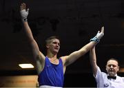30 November 2018;Tommy Hyde of Mayfield celebrates after defeating Kevin Kehoe of Marble City during their 81kg final bout during the IABA National Senior Championships at the National Stadium in Dublin. Photo by Harry Murphy/Sportsfile