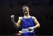 30 November 2018;Tommy Hyde of Mayfield celebrates after defeating Kevin Kehoe of Marble City during their 81kg final bout during the IABA National Senior Championships at the National Stadium in Dublin. Photo by Harry Murphy/Sportsfile