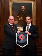 30 November 2018; UEFA President Aleksander Ceferin makes a presentation to Lord Mayor of Dublin Nial Ring at a EURO88 Republic of Ireland squad reception at the Mansion House in Dublin. Photo by Stephen McCarthy/Sportsfile