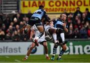 1 December 2018; Henry Speight of Ulster is tackled by Jason Harries, left, and Kristian Dacey of Cardiff Blues  during the Guinness PRO14 Round 10 match between Ulster and Cardiff Blues at Kingspan Stadium in Belfast. Photo by Oliver McVeigh/Sportsfile