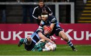 1 December 2018; Kieran Treadwell of Ulster  as he is tackled by Seb Davies of Cardiff Blues during the Guinness PRO14 Round 10 match between Ulster and Cardiff Blues at Kingspan Stadium in Belfast. Photo by Oliver McVeigh/Sportsfile