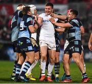 1 December 2018; Jacob Stockdale of Ulster and Harri Millard, left, and Lloyd Williams of Cardiff Blues involved in a dispute with each other during a second half incident in the Guinness PRO14 Round 10 match between Ulster and Cardiff Blues at Kingspan Stadium in Belfast. Photo by Oliver McVeigh/Sportsfile