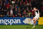 1 December 2018; John Cooney of Ulster kicks a second half penalty during the Guinness PRO14 Round 10 match between Ulster and Cardiff Blues at Kingspan Stadium in Belfast. Photo by Oliver McVeigh/Sportsfile