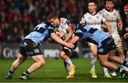 1 December 2018; Johnny McPhillips of Ulster is tackled by Rhys Carré, left, and Dillon Lewis of Cardiff Blues during the Guinness PRO14 Round 10 match between Ulster and Cardiff Blues at Kingspan Stadium in Belfast. Photo by Oliver McVeigh/Sportsfile