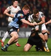 1 December 2018; Johnny McPhillips of Ulster is tackled by Rhys Carré, left, and Dillon Lewis of Cardiff Blues during the Guinness PRO14 Round 10 match between Ulster and Cardiff Blues at Kingspan Stadium in Belfast. Photo by Oliver McVeigh/Sportsfile
