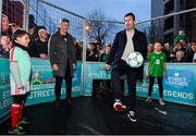 1 December 2018; Portugal supporter Afonso Silva, aged 8, and Republic of Ireland Supporter Jenny-Jo Caffrey, aged 10, with Portuguese footballing legends, Vítor Baía, left, and Luís Figo who were in Dublin to showcase their skills at the Street Legends Community Football Event on Commons Street. The Street Football Community Football event is a joint initiative by Dublin City Council and the Football Association of Ireland ahead of the UEFA EURO 2020 Qualifying Draw in the Convention Centre on Sunday, 2nd December. The Street Legends Community Football Events kicked off on Wednesday, November 28. Other key activations include: Street Legends Community Football, Saturday, December 1, 3pm to 6pm, Commons Street, Dublin 1 with Portuguese legends Nuno Gomes and Vítor Baía. National Football Exhibition, Sunday, December 2 to Sunday, December 9, 11am-7pm, The Printworks, Dublin Castle Both events are free to attend and open to all ages and abilities. Photo by Sam Barnes/Sportsfile