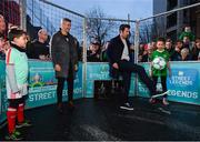 1 December 2018; Portugal supporter Afonso Silva, aged 8, and Republic of Ireland supporter Jenny-Jo Caffrey, aged 10, with Portuguese footballing legends, Vítor Baía, left, and Luís Figo who were in Dublin to showcase their skills at the Street Legends Community Football Event on Commons Street. The Street Football Community Football event is a joint initiative by Dublin City Council and the Football Association of Ireland ahead of the UEFA EURO 2020 Qualifying Draw in the Convention Centre on Sunday, 2nd December. The Street Legends Community Football Events kicked off on Wednesday, November 28. Other key activations include: Street Legends Community Football, Saturday, December 1, 3pm to 6pm, Commons Street, Dublin 1 with Portuguese legends Nuno Gomes and Vítor Baía. National Football Exhibition, Sunday, December 2 to Sunday, December 9, 11am-7pm, The Printworks, Dublin Castle Both events are free to attend and open to all ages and abilities. Photo by Sam Barnes/Sportsfile