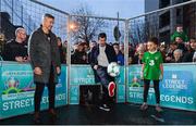1 December 2018; Republic of Ireland supporter Jenny-Jo Caffrey, aged 10, with Portuguese footballing legends, Vítor Baía, left, and Luís Figo who were in Dublin to showcase their skills at the Street Legends Community Football Event on Commons Street. The Street Football Community Football event is a joint initiative by Dublin City Council and the Football Association of Ireland ahead of the UEFA EURO 2020 Qualifying Draw in the Convention Centre on Sunday, 2nd December. The Street Legends Community Football Events kicked off on Wednesday, November 28. Other key activations include: Street Legends Community Football, Saturday, December 1, 3pm to 6pm, Commons Street, Dublin 1 with Portuguese legends Nuno Gomes and Vítor Baía. National Football Exhibition, Sunday, December 2 to Sunday, December 9, 11am-7pm, The Printworks, Dublin Castle Both events are free to attend and open to all ages and abilities. Photo by Sam Barnes/Sportsfile