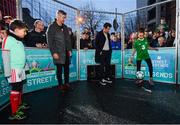 1 December 2018; Portugal supporter Afonso Silva, aged 8, and Republic of Ireland supporter Jenny-Jo Caffrey, aged 10, with Portuguese footballing legends, Vítor Baía, left, and Luís Figo who were in Dublin to showcase their skills at the Street Legends Community Football Event on Commons Street. The Street Football Community Football event is a joint initiative by Dublin City Council and the Football Association of Ireland ahead of the UEFA EURO 2020 Qualifying Draw in the Convention Centre on Sunday, 2nd December. The Street Legends Community Football Events kicked off on Wednesday, November 28. Other key activations include: Street Legends Community Football, Saturday, December 1, 3pm to 6pm, Commons Street, Dublin 1 with Portuguese legends Nuno Gomes and Vítor Baía. National Football Exhibition, Sunday, December 2 to Sunday, December 9, 11am-7pm, The Printworks, Dublin Castle Both events are free to attend and open to all ages and abilities. Photo by Sam Barnes/Sportsfile