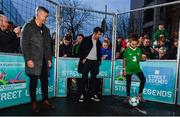 1 December 2018; Republic of Ireland supporter Jenny-Jo Caffrey, aged 10, with Portuguese footballing legends, Vítor Baía, left, and Luís Figo who were in Dublin to showcase their skills at the Street Legends Community Football Event on Commons Street. The Street Football Community Football event is a joint initiative by Dublin City Council and the Football Association of Ireland ahead of the UEFA EURO 2020 Qualifying Draw in the Convention Centre on Sunday, 2nd December. The Street Legends Community Football Events kicked off on Wednesday, November 28. Other key activations include: Street Legends Community Football, Saturday, December 1, 3pm to 6pm, Commons Street, Dublin 1 with Portuguese legends Nuno Gomes and Vítor Baía. National Football Exhibition, Sunday, December 2 to Sunday, December 9, 11am-7pm, The Printworks, Dublin Castle Both events are free to attend and open to all ages and abilities. Photo by Sam Barnes/Sportsfile