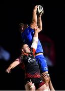1 December 2018; Ross Molony of Leinster wins possession in the lineout from Harrison Keddie of Dragons during the Guinness PRO14 Round 10 match between Dragons and Leinster at Rodney Parade in Newport, Wales. Photo by Ramsey Cardy/Sportsfile