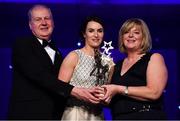 1 December 2018; Sinéad Aherne of Dublin is presented with her TG4 All Star award by Ard Stiúrthóir TG4, Alan Esslemont and President of LGFA Marie Hickey during the TG4 Ladies Football All Stars Awards 2018, in association with Lidl, at the Citywest Hotel in Dublin. Photo by Brendan Moran/Sportsfile