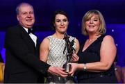 1 December 2018; Sinéad Aherne of Dublin is presented with the TG4 Senior Players' Player of the Year Award by Ard Stiúrthóir TG4 Alan Esslemont and President of LGFA Marie Hickey during the TG4 Ladies Football All Stars Awards 2018, in association with Lidl, at the Citywest Hotel in Dublin. Photo by Brendan Moran/Sportsfile