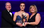 1 December 2018; Lauren Magee of Dublin is presented with her TG4 All Star award by Ard Stiúrthóir TG4, Alan Esslemont and President of LGFA Marie Hickey during the TG4 Ladies Football All Stars Awards 2018, in association with Lidl, at the Citywest Hotel in Dublin. Photo by Brendan Moran/Sportsfile