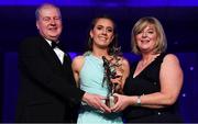 1 December 2018; Emma Spillane of Cork is presented with her TG4 All Star award by Ard Stiúrthóir TG4, Alan Esslemont and President of LGFA Marie Hickey during the TG4 Ladies Football All Stars Awards 2018, in association with Lidl, at the Citywest Hotel in Dublin. Photo by Brendan Moran/Sportsfile