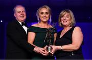1 December 2018; Neamh Woods of Tyrone is presented with her TG4 All Star award by Ard Stiúrthóir TG4, Alan Esslemont and President of LGFA Marie Hickey during the TG4 Ladies Football All Stars Awards 2018, in association with Lidl, at the Citywest Hotel in Dublin. Photo by Brendan Moran/Sportsfile